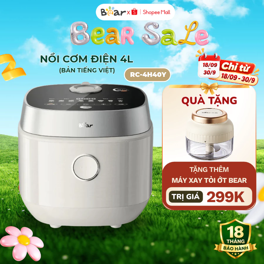 Nồi cơm điện 4L đa năng Bear RC-4H40Y (DFB-J40Q5), 800W, Nấu cơm,Cháo,Canh cho 2-4 người,BH 18 Tháng