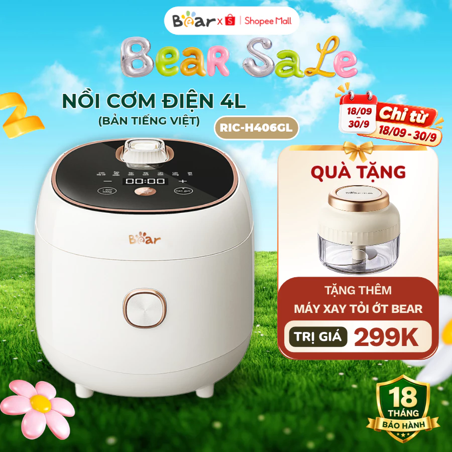 Nồi cơm điện đa năng 4L Bear RIC-H406GL, 800W, Kèm Lồng Hấp, 6 Chế độ nấu cho 2-4 người, BH 18 Tháng