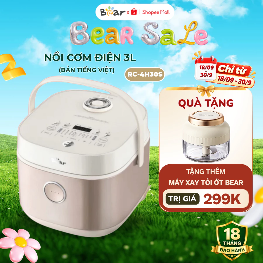 Nồi cơm điện mini 3L đa năng Bear RC-4H30S (DFB-H30A3), 600W, Chống dính, 1-3 người ăn, BH 18 tháng
