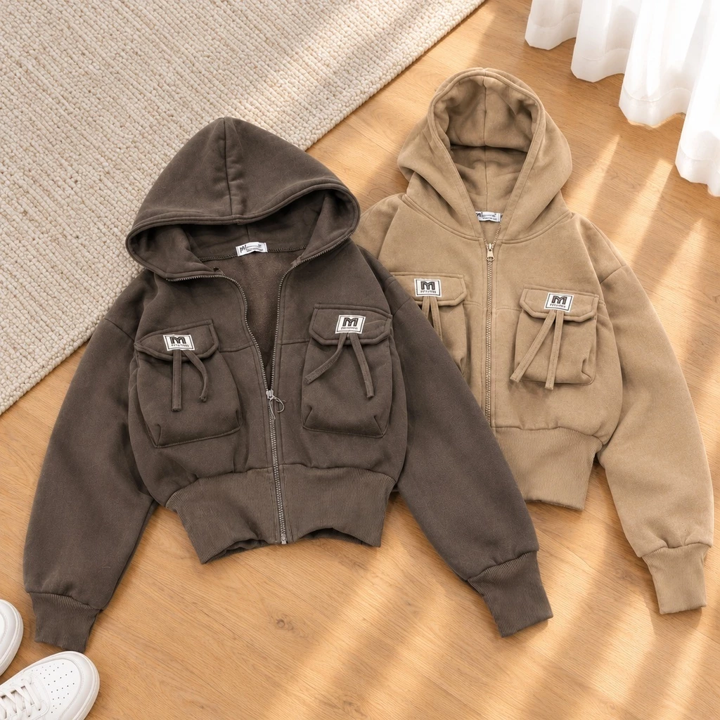 Áo Khoác Hoodie Zip Nữ Form Boxy Dáng Lững TOMANO Vải Nỉ Dày Tay Phồng Nón Rộng Chống Nắng - KNL25