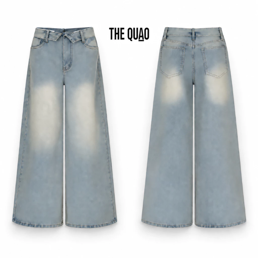 THE QUẠO - Quần Jean Nữ Lưng Thấp Cạp Bẻ Ống Rộng Thụng N1409_789