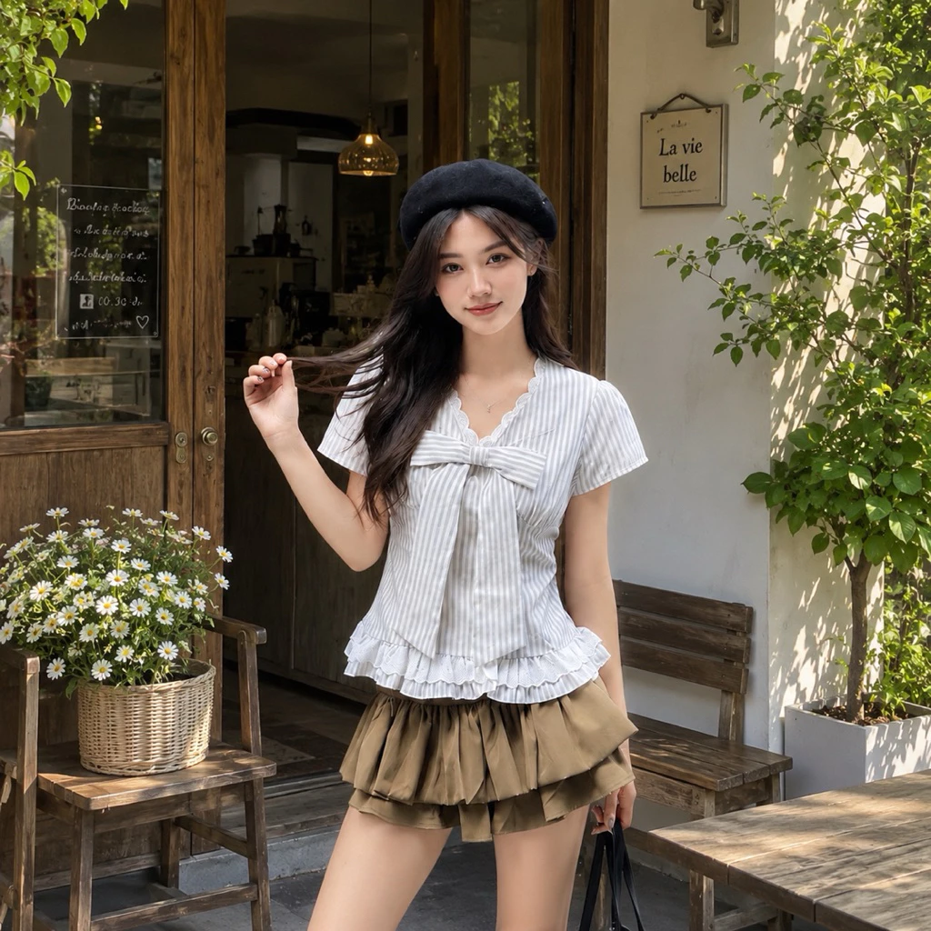 Áo Sơ Mi Nơ Kẻ Sọc Cổ Tim Phối Ren Kèm Xinh Xắn, Áo Kiểu Bèo Gấu Dễ Thương Thời Trang A9100
