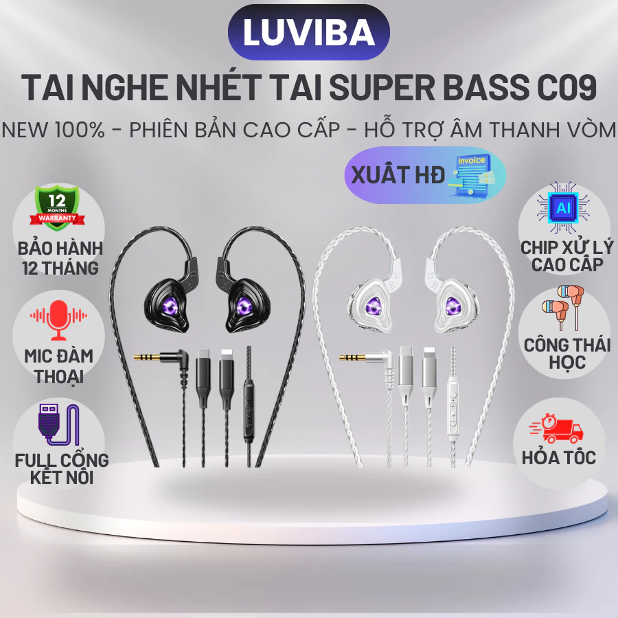 Tai Nghe Nhét Tai Có Dây Chống Ồn C09 Bass mạnh Nghe Nhạc, Xem Phim, Chơi Game Tích Hợp Mic Lọc Âm