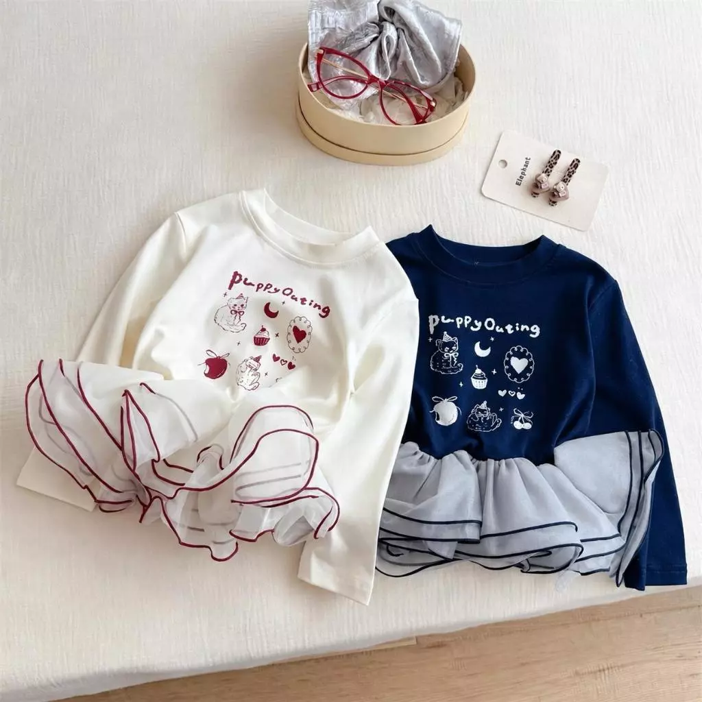 Áo thun dài tay bé gái phối chân bèo voan tơ 3 tầng xoè điệu đà , áo thun thu đông  babydoll xinh xắn H&2T Baby Kid- T23