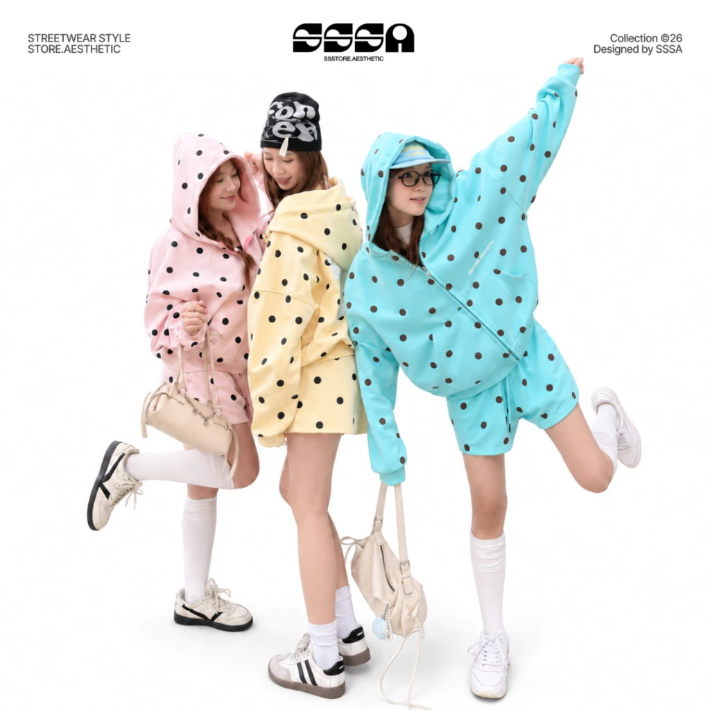 Set Bộ Nỉ 2 Da Chấm Bi Form Rộng Unisex Nam Nữ Nhiều Màu Cá Tính | SSSTore.Aesthetic