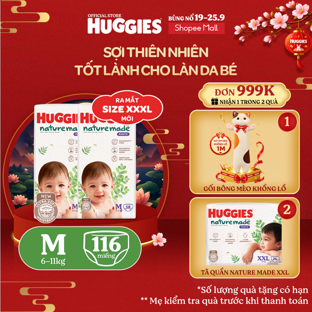 Combo 2 Tã Quần Huggies Platinum Nature Made M58