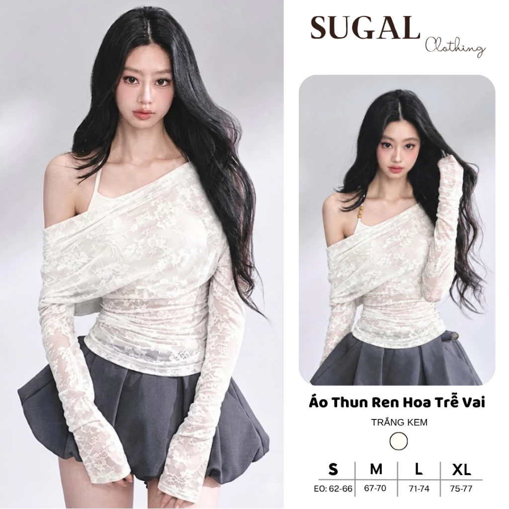 [DEAL MỞ BÁN] SUGAL - Áo Thun Dài Tay Kiểu Trễ Vai KÈM ÁO HAI DÂY TRĂNG - Áo Thun Kiểu Ren Hoa Co Giãn Mềm Mại | TOP 347