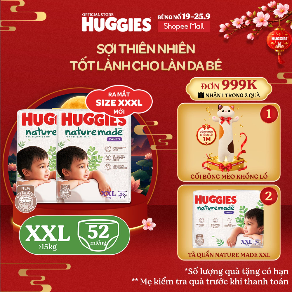 [HUGFEB15 -10% max 60k đơn 400k] Combo 2 Tã Quần Huggies Platinum Nature Made XXL26