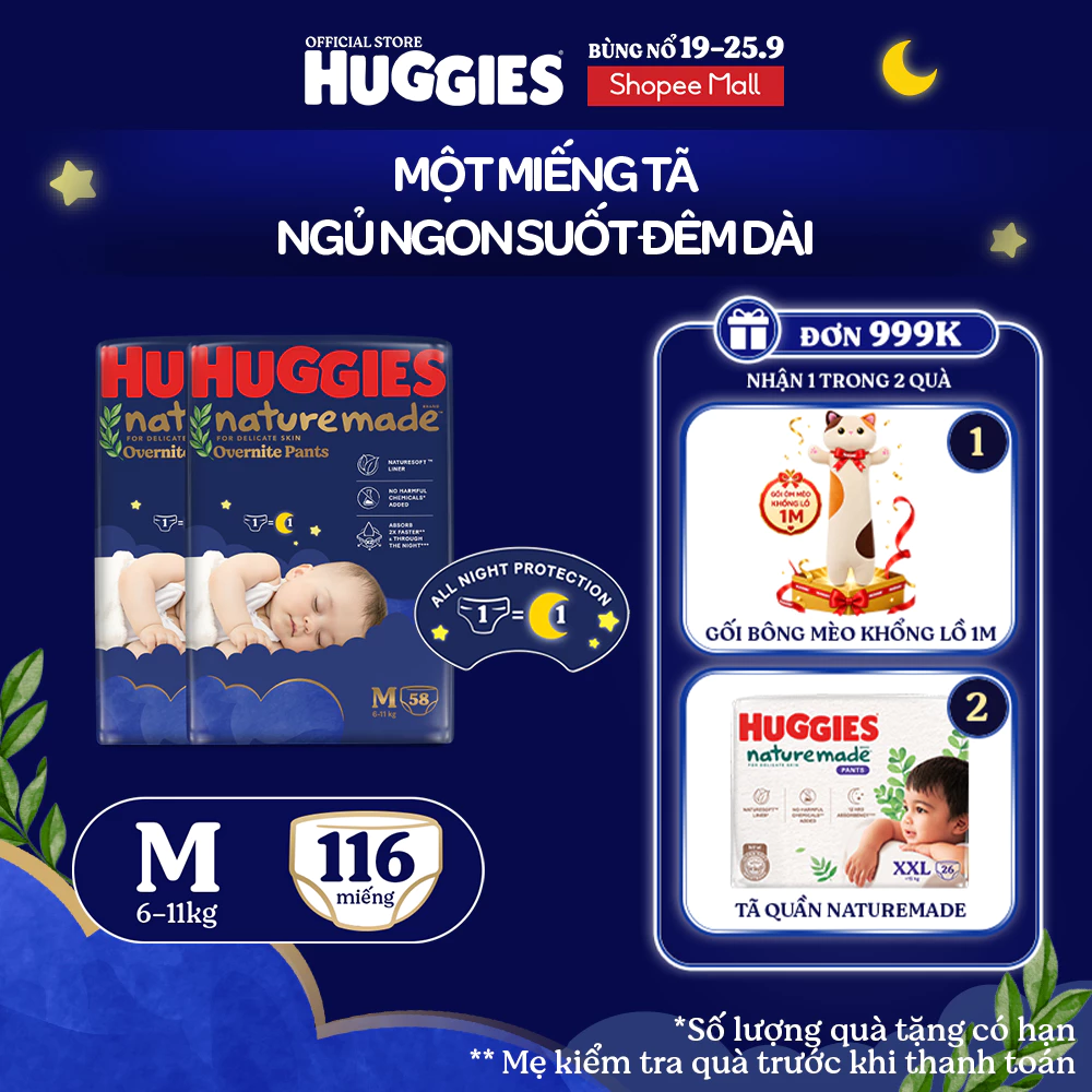 Combo 2 Tã quần Huggies Nature Made ban đêm M58/L44/XL38/XXL26