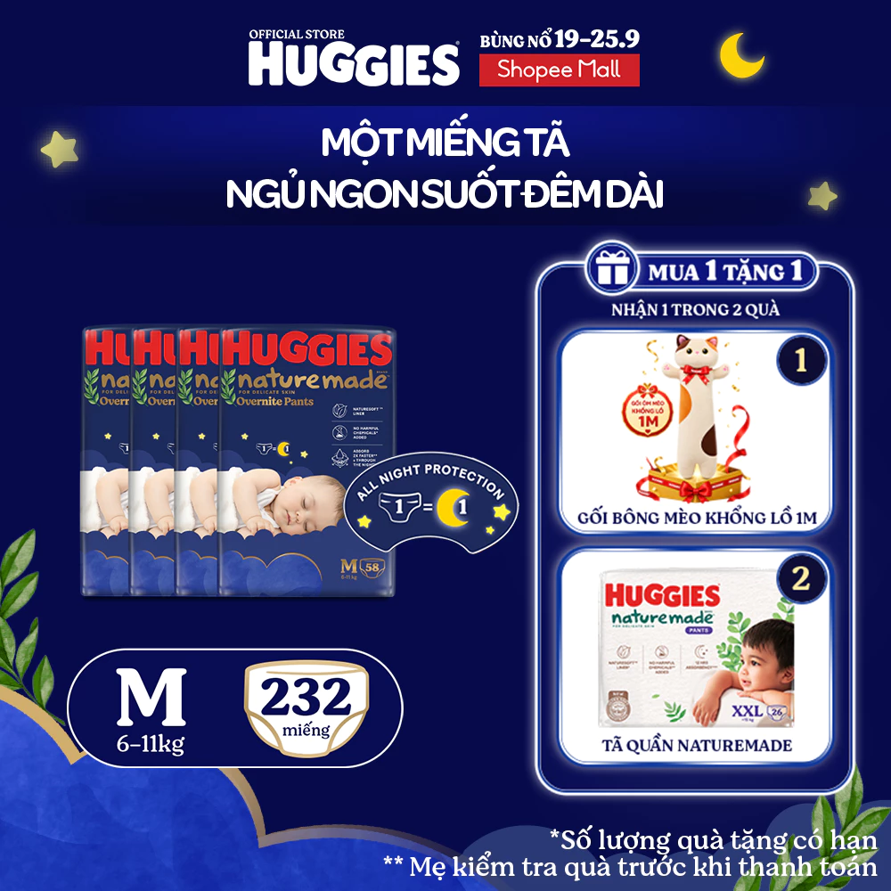 Combo 4 Tã quần Huggies Nature Made ban đêm M58/L44/XL38/XXL26