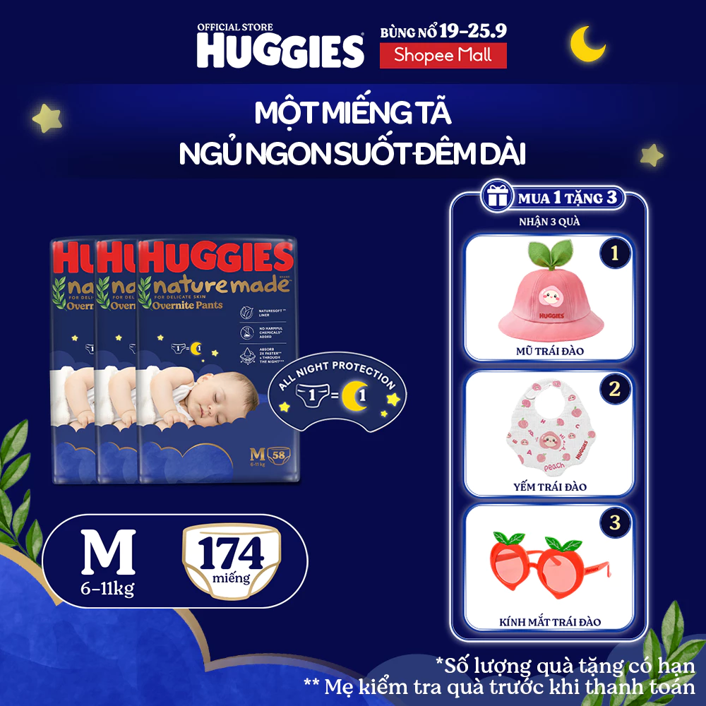 Combo 3 Tã quần Huggies Nature Made ban đêm M58/L44/XL38/XXL26