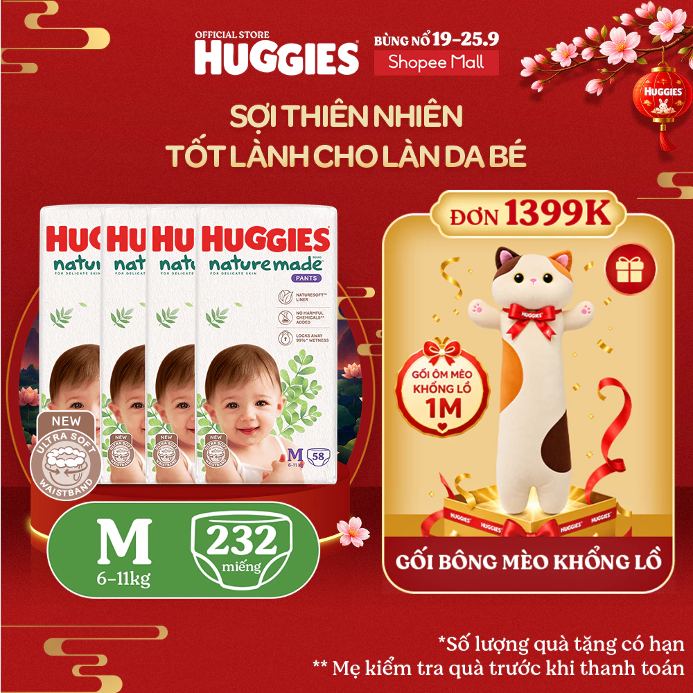 Combo 4 Tã Quần Huggies Platinum Nature Made M58/L44/XL38/XXL26/XXXL28