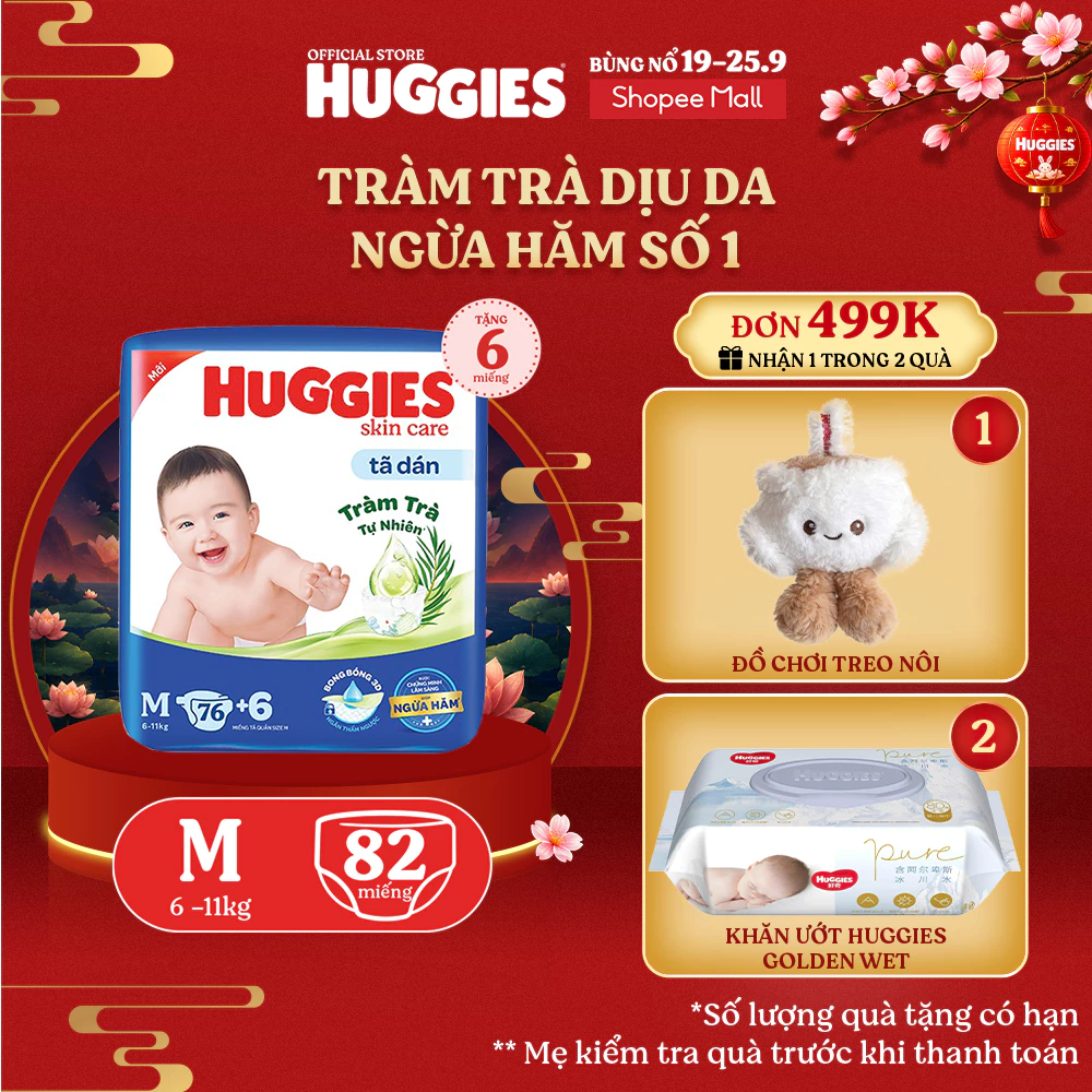 Tã dán Huggies Skincare Super Jumbo M82/ L68/ XL60/ XXL54