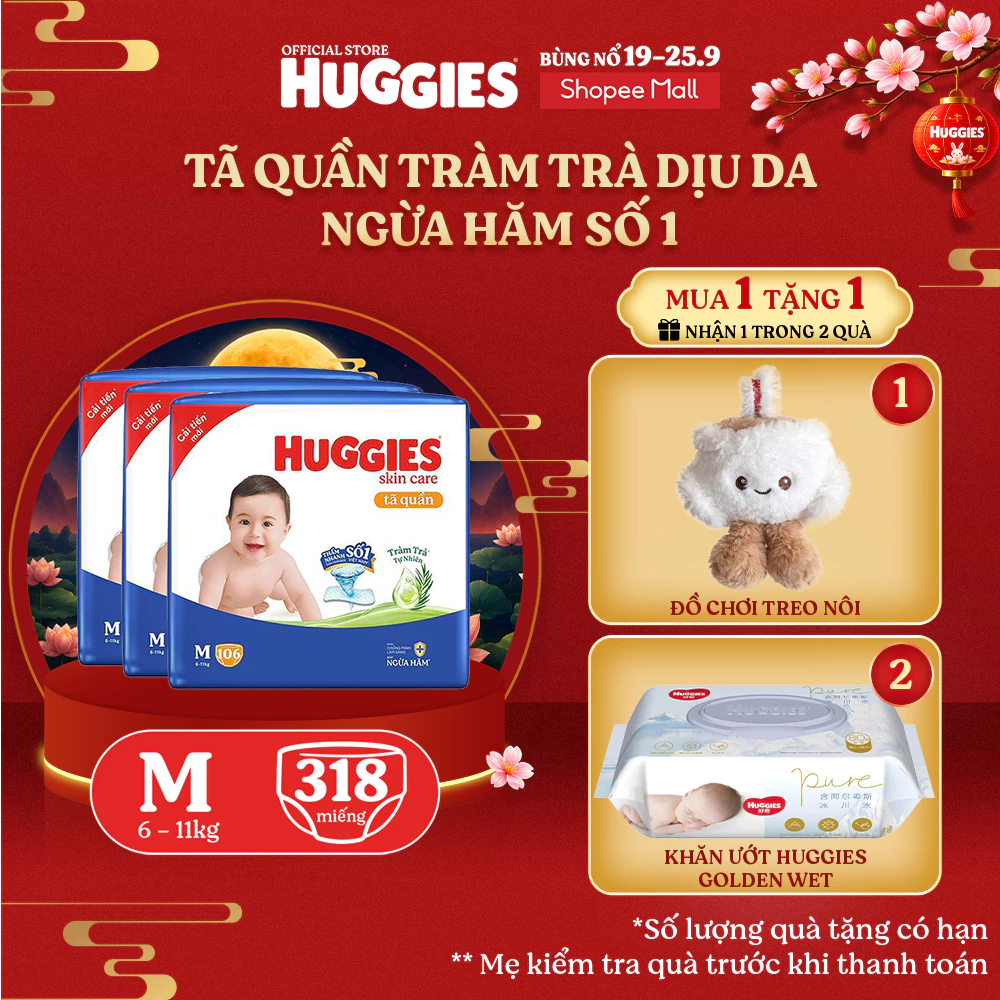 Combo 3 Tã quần Huggies Skincare Mega Jumbo M106/L96+8/XL84+4/XXL76+4