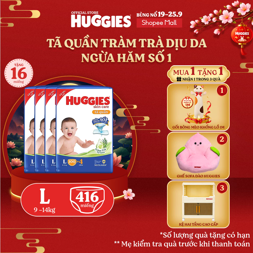 Combo 4 Tã quần Huggies Skincare Mega Jumbo M106/L96+8/XL84+4/XXL76+4