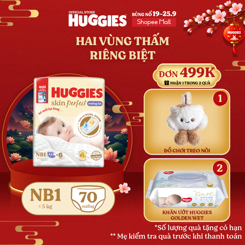 Miếng lót sơ sinh Huggies Skin Perfect NB1 64+4 miếng với 2 vùng thấm giảm kích ứng da