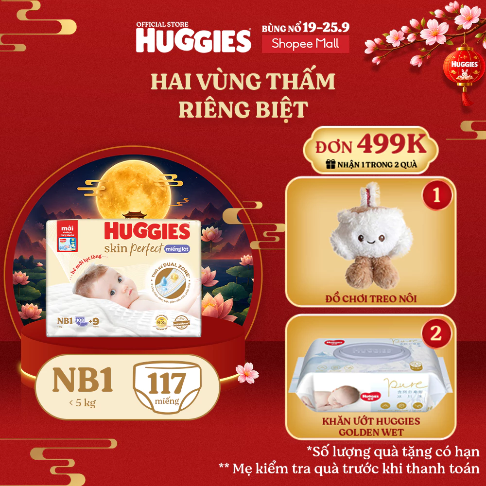 Miếng lót sơ sinh Huggies Skin Perfect NB1 108+6 miếng với 2 vùng thấm giảm kích ứng da