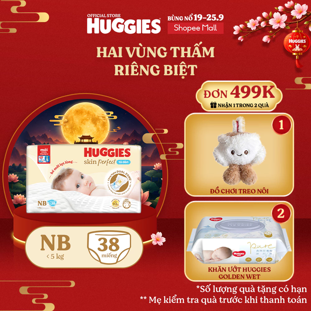 Tã/bỉm dán sơ sinh Huggies Skin Perfect NB 38 miếng với 2 vùng thấm giảm kích ứng da