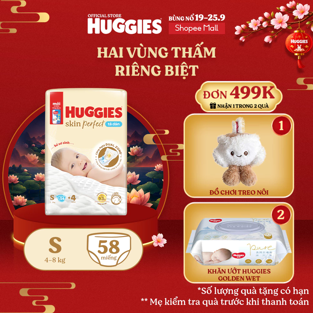 Tã/bỉm dán sơ sinh Huggies Skin Perfect S 54+4 miếng với 2 vùng thấm giảm kích ứng da