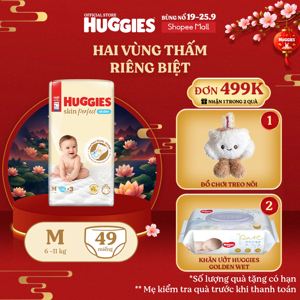 Tã/bỉm dán sơ sinh Huggies Skin Perfect M 46+3 miếng với 2 vùng thấm giảm kích ứng da