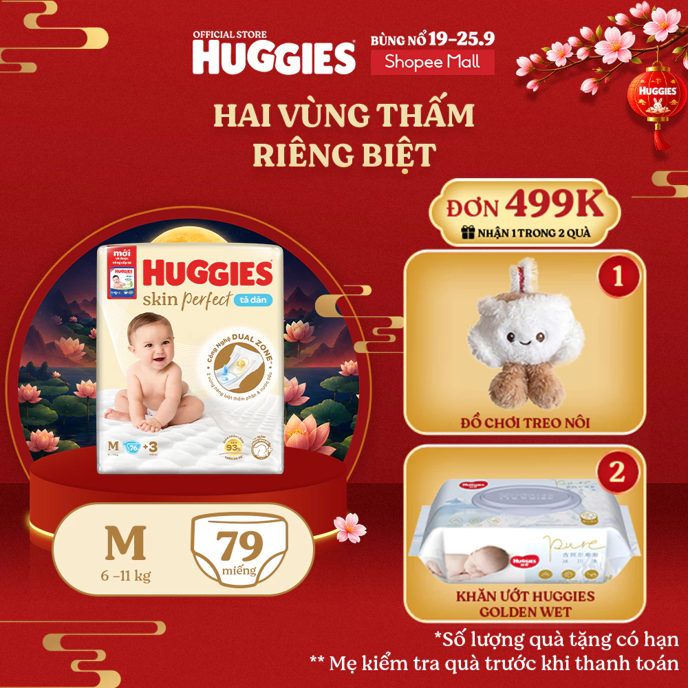 Tã/bỉm dán sơ sinh Huggies Skin Perfect M 76+3 miếng với 2 vùng thấm giảm kích ứng da
