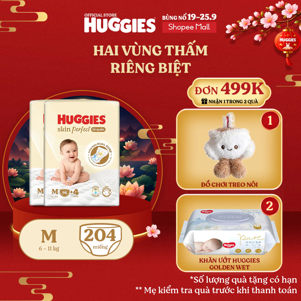 Combo 2 Tã quần Huggies Skin Perfect Mega Jumbo M98/ L88/XL72+4/XXL64+4 2 vùng thấm giảm kích ứng da