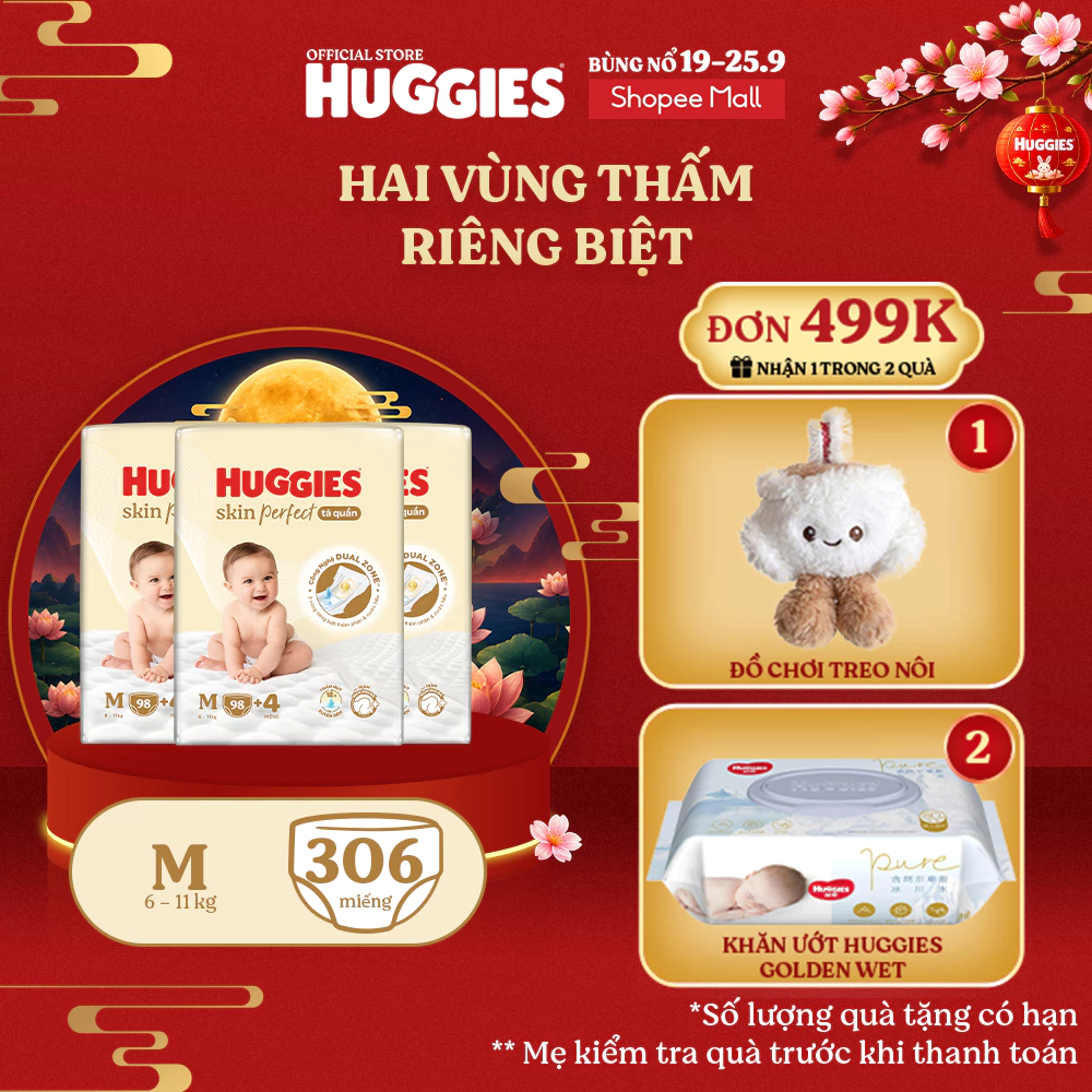 Combo 3 Tã quần Huggies Skin Perfect Mega Jumbo M98/ L88/ XL72/ XXL64 2 vùng thấm giảm kích ứng da