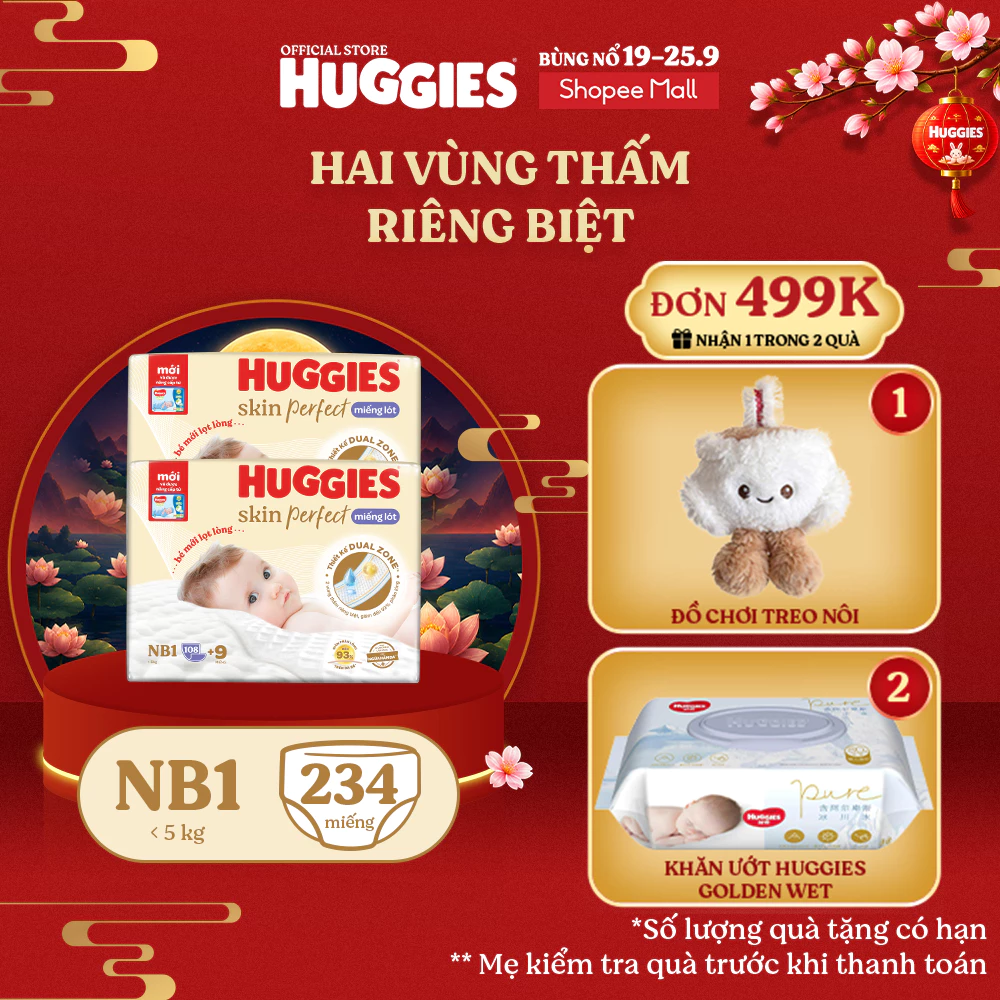 Combo 2 Miếng lót sơ sinh Huggies Skin Perfect NB1 108+9 miếng với 2 vùng thấm giảm kích ứng da