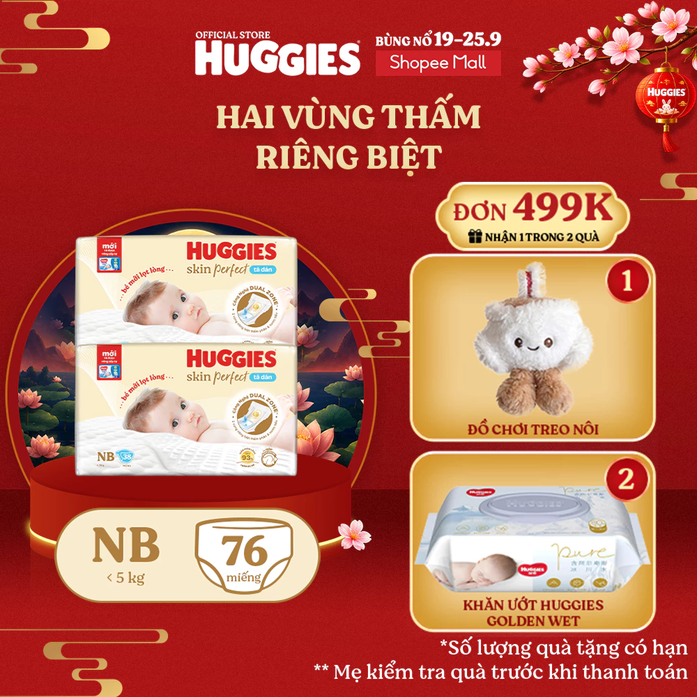 Combo 2 Tã/bỉm dán sơ sinh Huggies Skin Perfect NB 38 miếng với 2 vùng thấm giảm kích ứng da