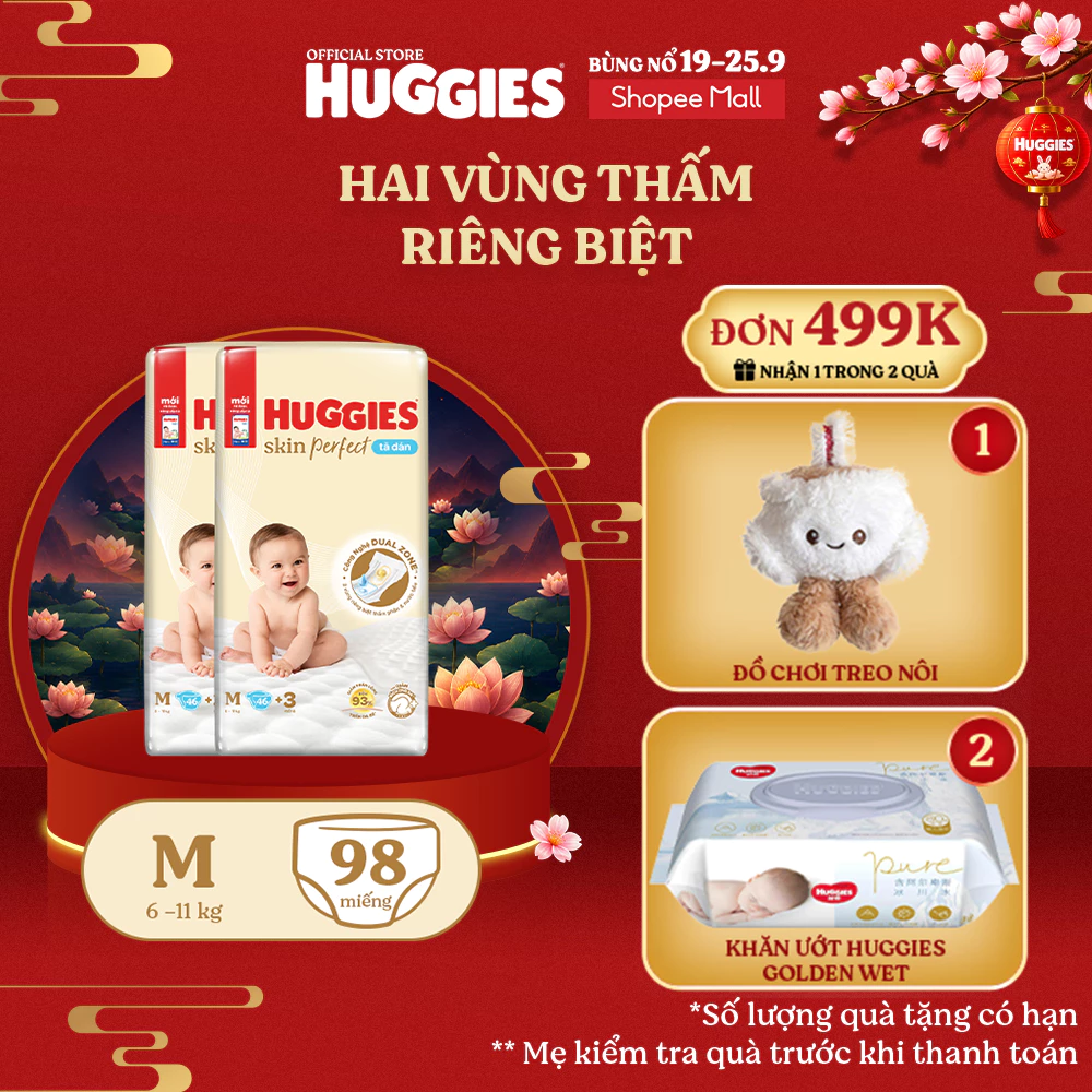 Combo 2 Tã/bỉm dán sơ sinh Huggies Skin Perfect M 46+3 miếng với 2 vùng thấm giảm kích ứng da