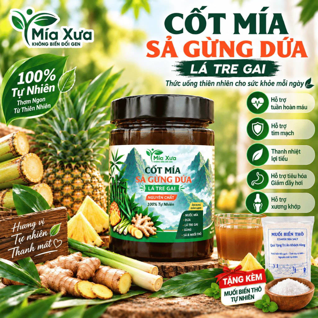 Cốt Mía Sả Gừng Dứa Lá Tre Gai Không Chất Bảo Quản Không Phụ Gia