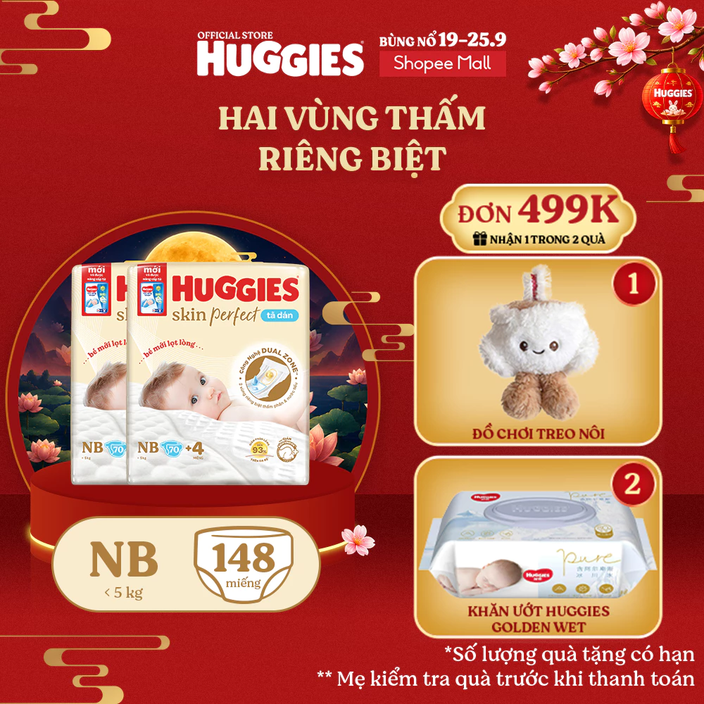 Combo 2 Tã/bỉm dán sơ sinh Huggies Skin PerfectNB 70+4 miếng với 2 vùng thấm giảm kích ứng da