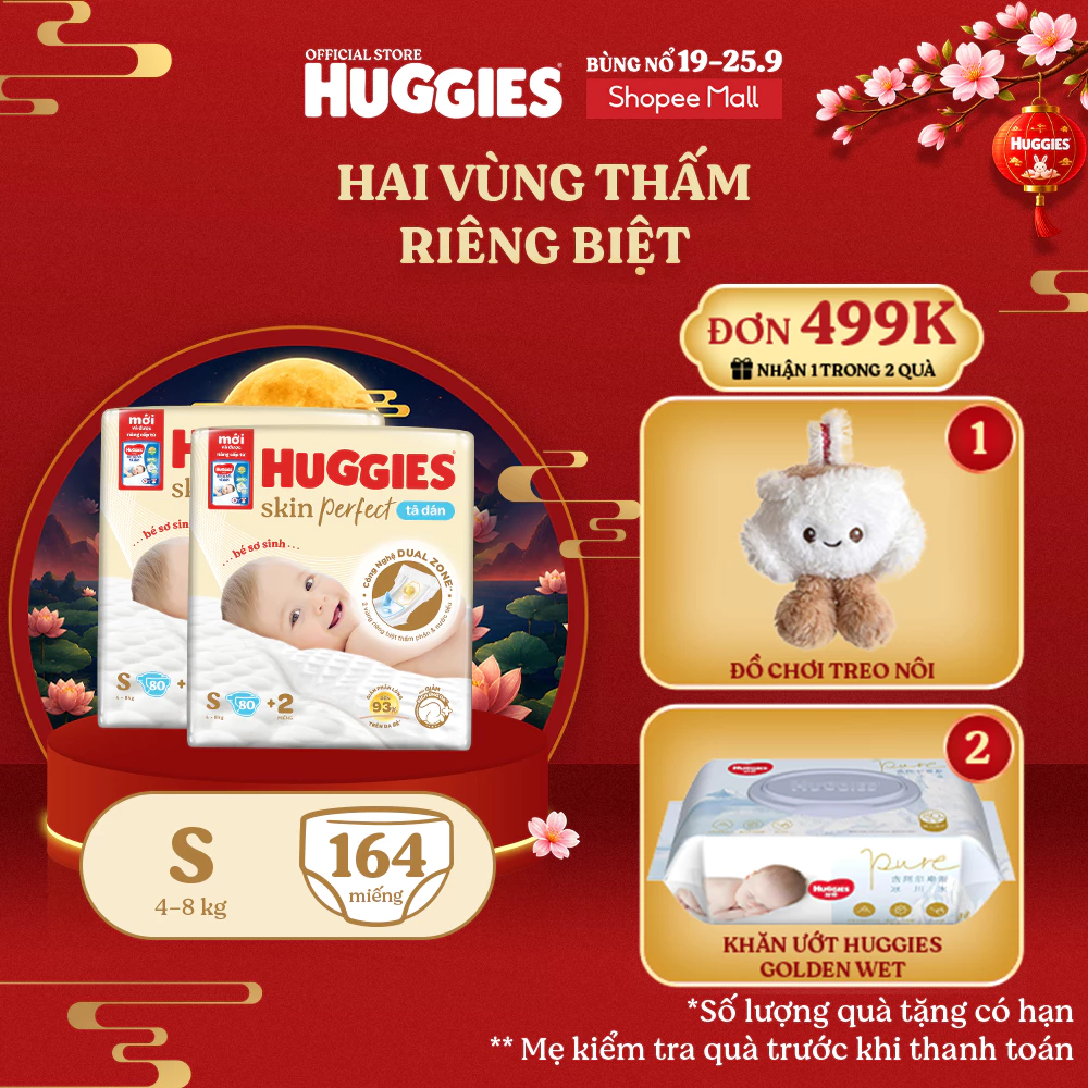 Combo 2 Tã/bỉm dán sơ sinh Huggies Skin Perfect S 80+2 miếng với 2 vùng thấm giảm kích ứng da