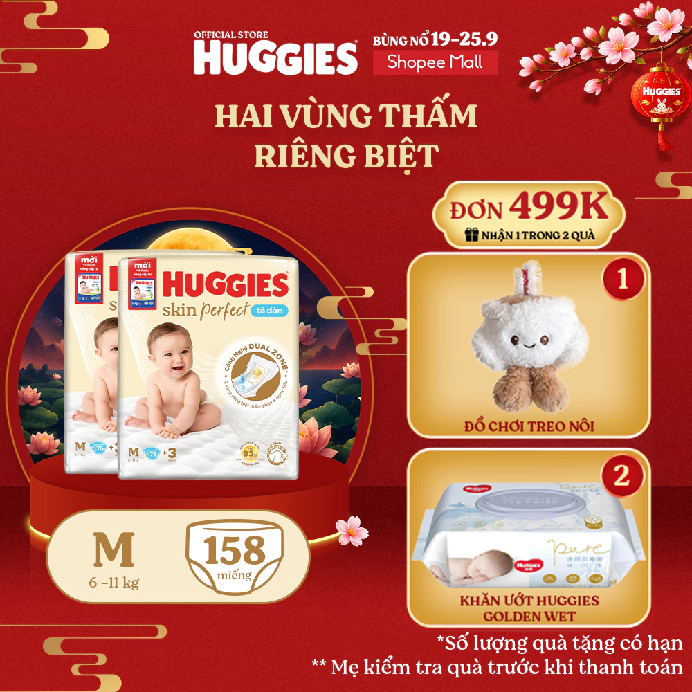 Combo 2 Tã/bỉm dán sơ sinh Huggies Skin Perfect M 76+3 miếng với 2 vùng thấm giảm kích ứng da