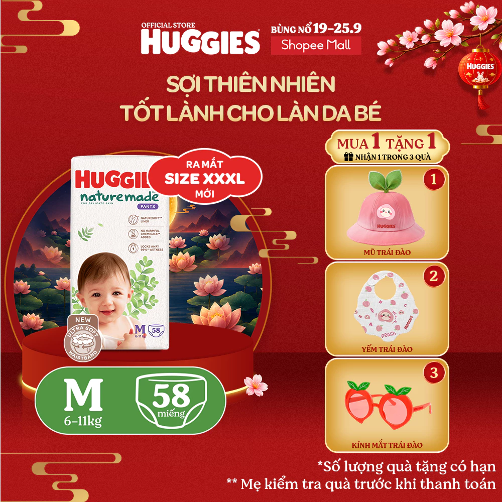 [KOL LIVE] Tã Quần Huggies Platinum Nature Made M58/L44/XL38/XXL26