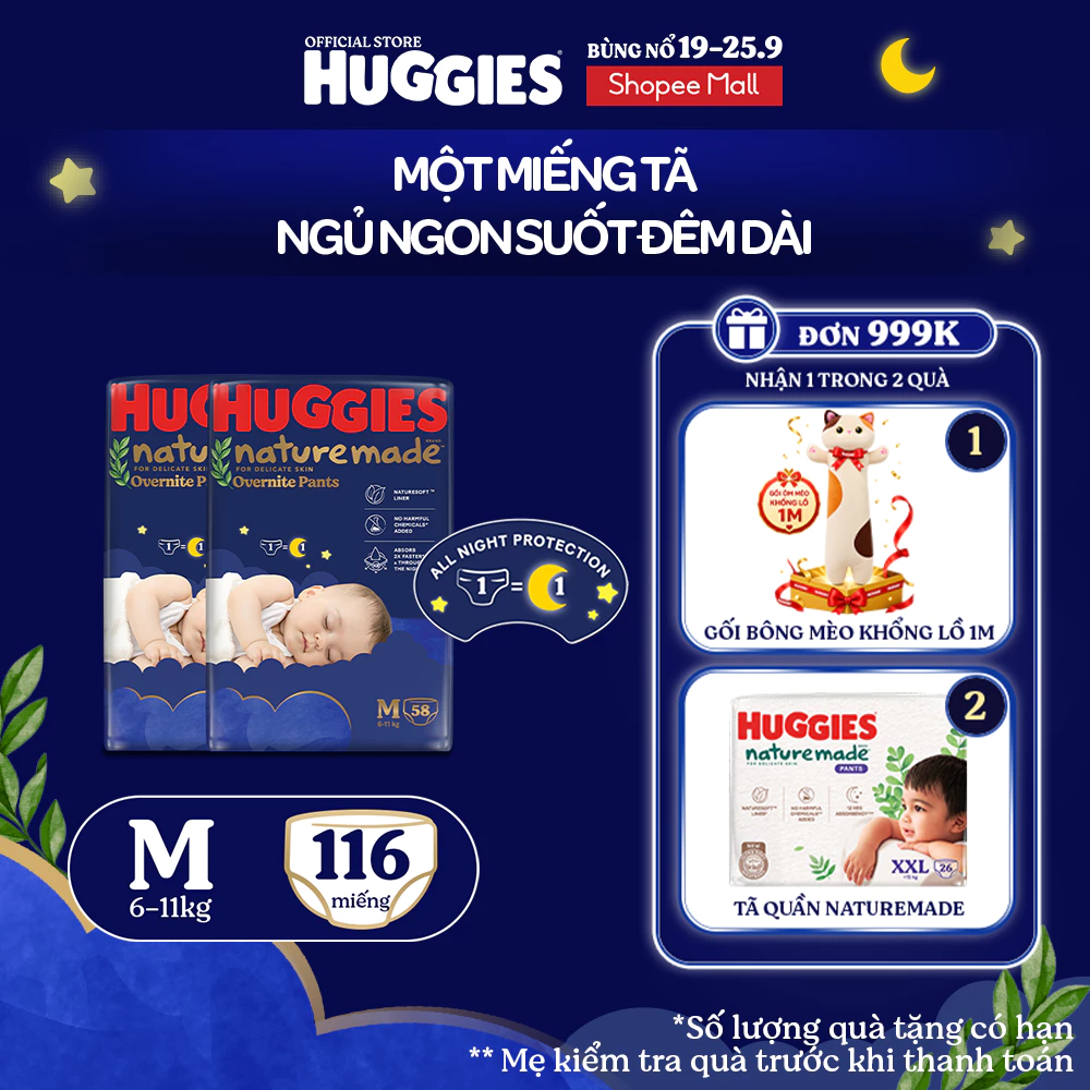 [KOL LIVE] Combo 2 Tã quần Huggies Nature Made ban đêm M58/L44/XL38/XXL26