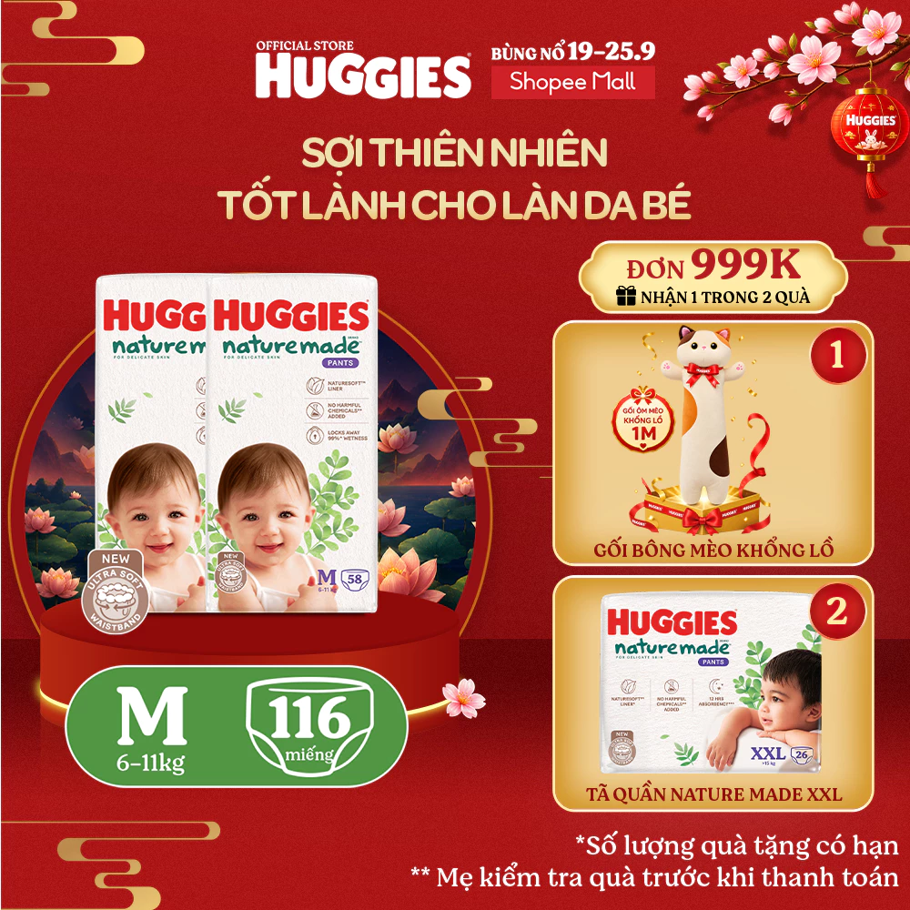 [KOL Live] Combo 2 Tã Quần Huggies Platinum Nature Made M58/L44/XL38/XXL26