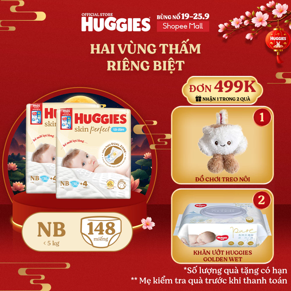 [KOL Live] Combo 2 Tã/bỉm dán sơ sinh Huggies Skin Perfect NB 70+6 miếng với 2 vùng thấm giảm kích ứng da
