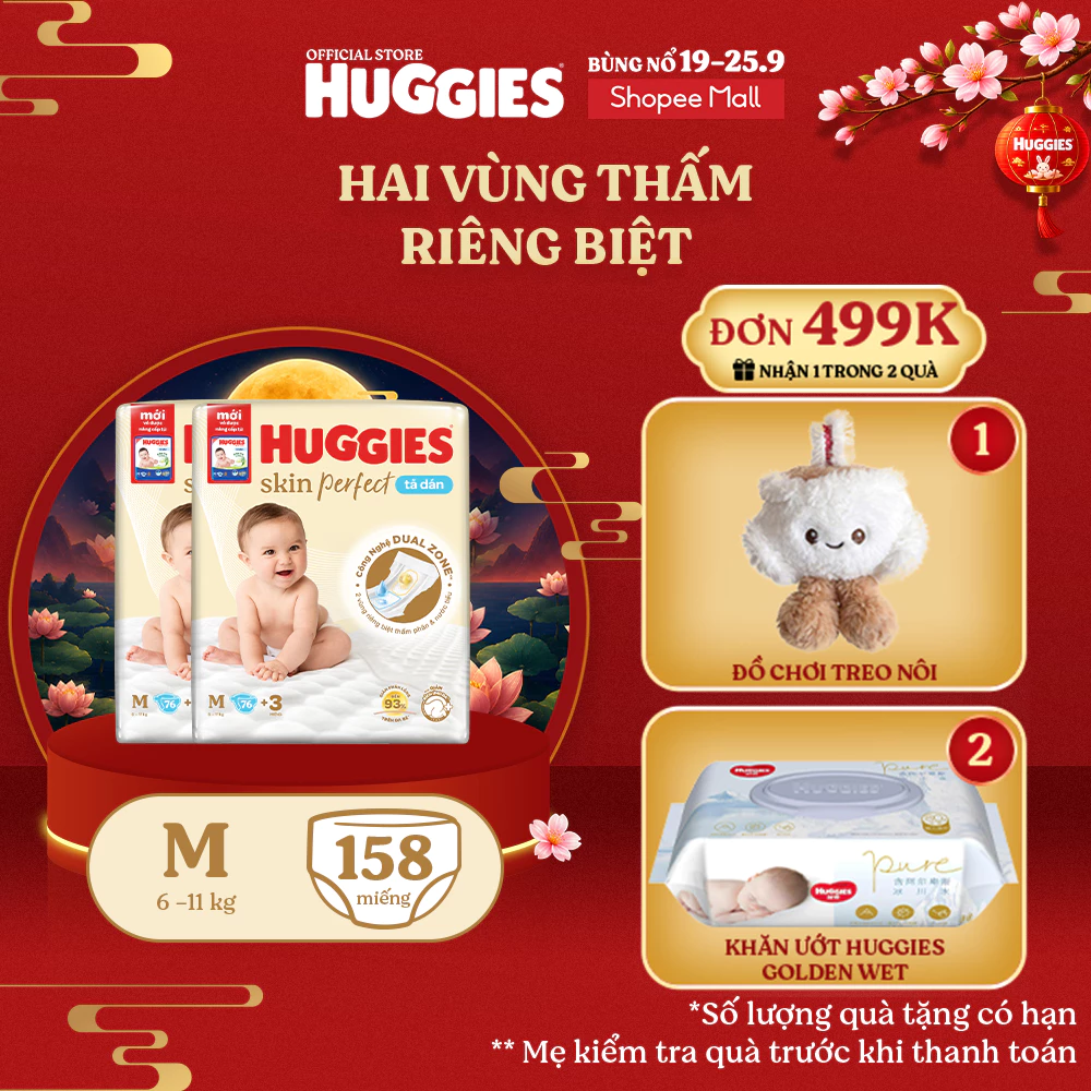 [KOL Live] Combo 2 Tã/bỉm dán sơ sinh Huggies Skin Perfect M 76+3 miếng với 2 vùng thấm giảm kích ứng da