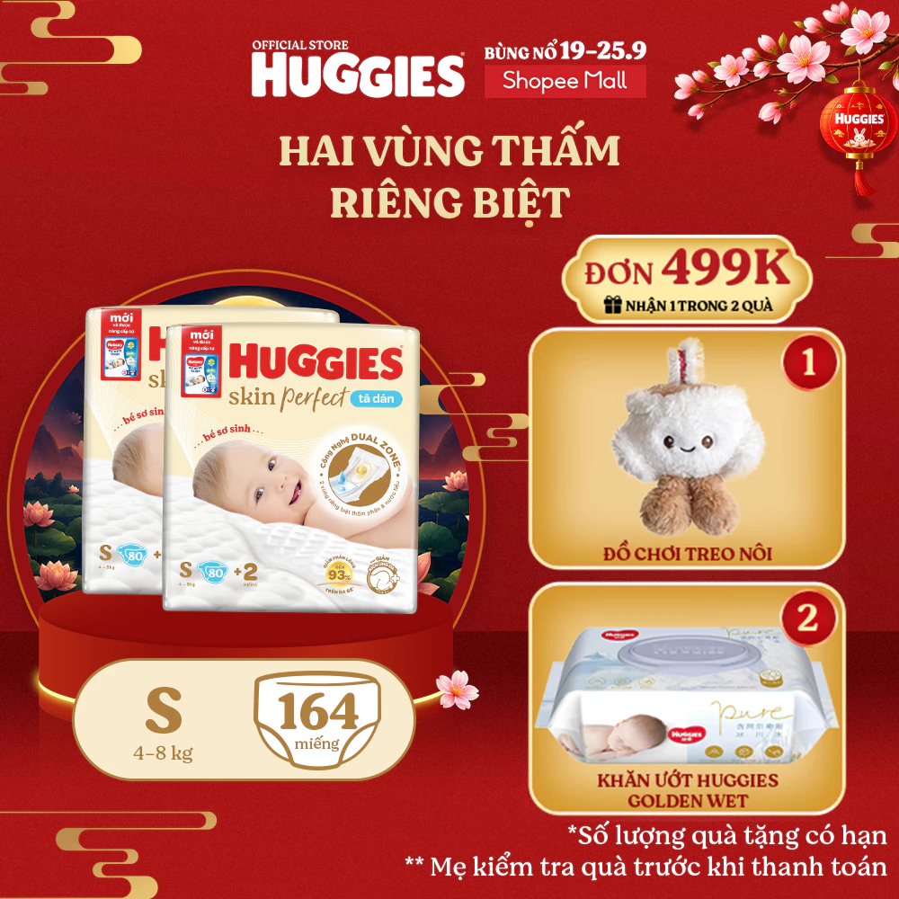 [KOL Live] Combo 2 Tã/bỉm dán sơ sinh Huggies Skin Perfect S 80+2 miếng với 2 vùng thấm giảm kích ứng da
