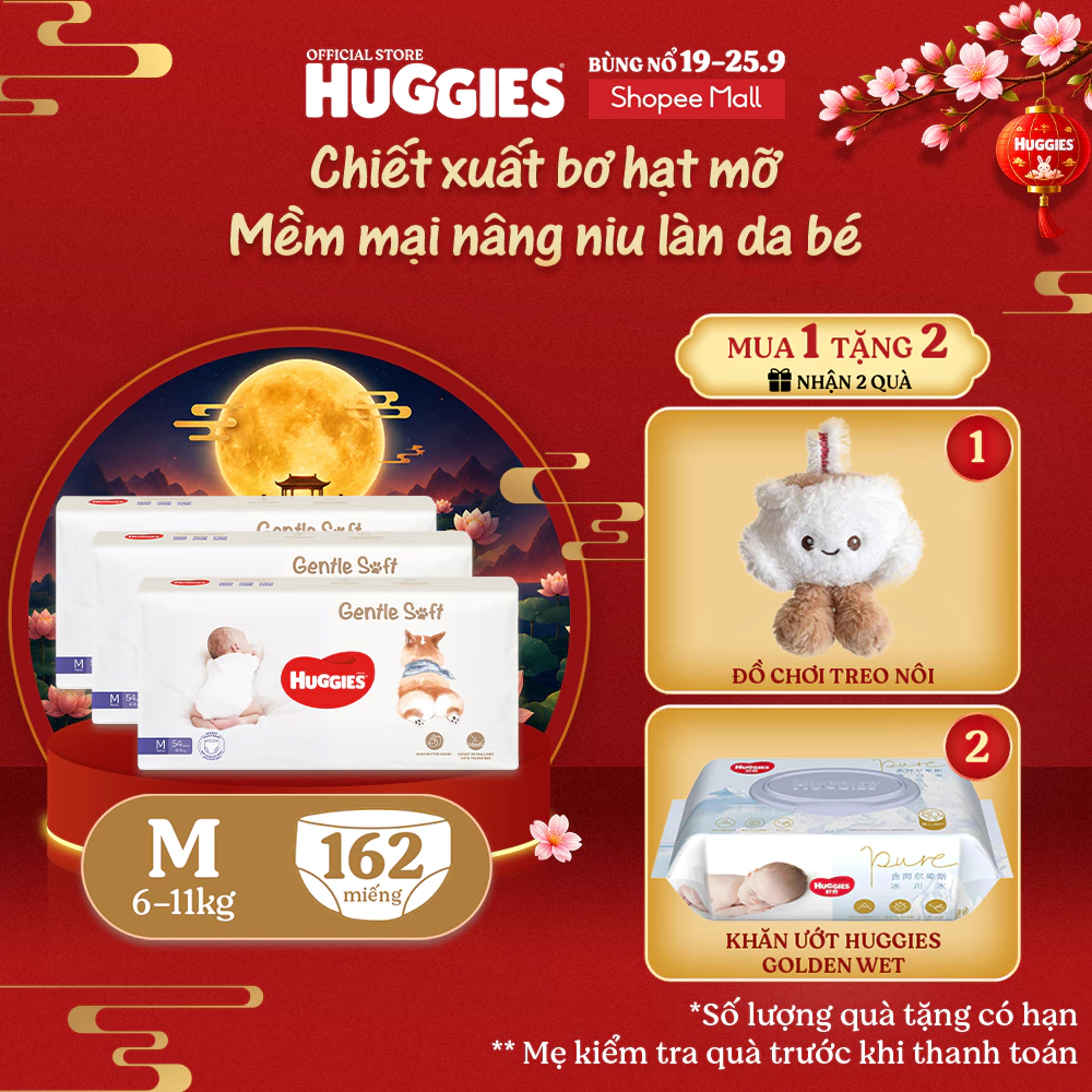 Combo 3 Tã quần Huggies Gentle Soft - Corgi M54/L40/XL34/XXL22 miếng êm mềm chiết xuất bơ hạt mỡ