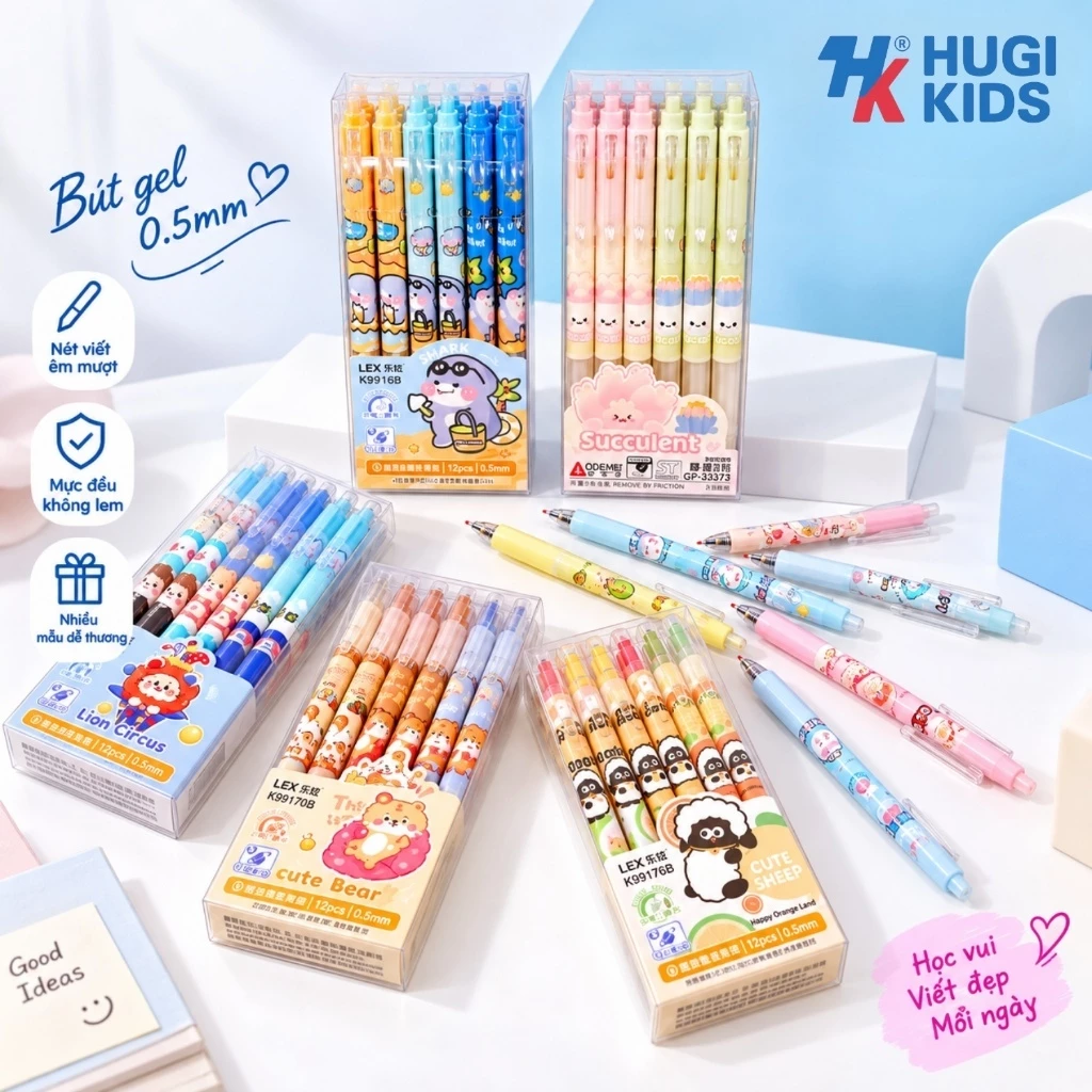 Hộp 12 Cây Bút Gel Bấm Xóa Được – Ngòi Nhỏ 0.5mm, Dành Cho Học Sinh Tiểu Học
