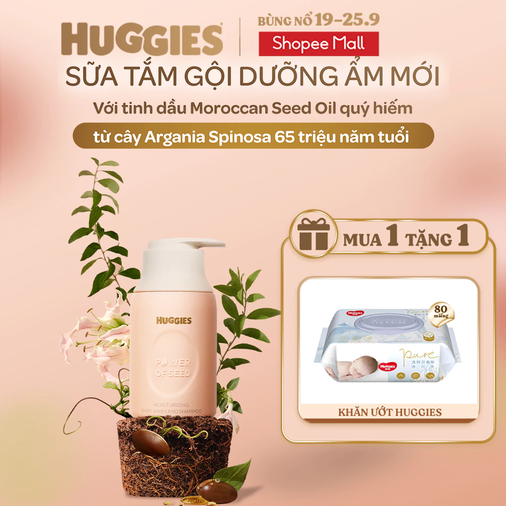 Sữa tắm gội dưỡng ẩm cho bé Huggies Power of Seed 260g MỚI với tinh chất Moroccan Seed oil quý hiếm