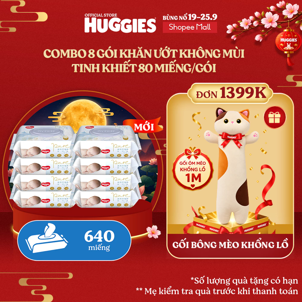 Combo 8 gói khăn ướt Huggies Tinh khiết (không mùi) cao cấp đa năng (80 miếng/gói)