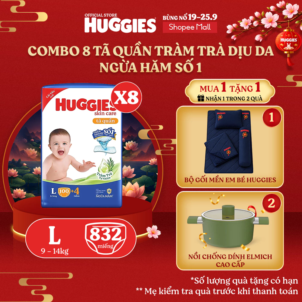 Combo 8 Tã quần Huggies Skincare Mega Jumbo M102+4/L100+4/XL84+4/XXL76+4
