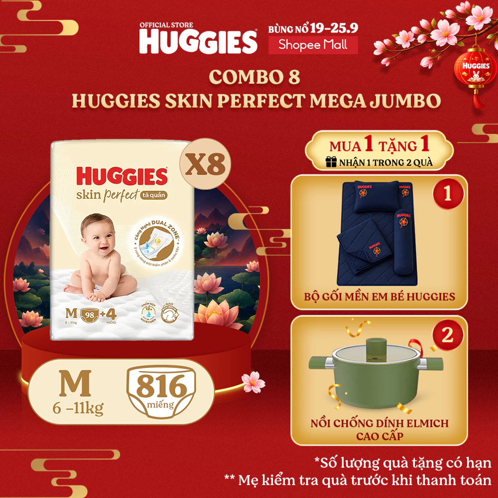 Combo 8 Tã quần Huggies Skin Perfect Mega Jumbo M98/ L88/ XL72/ XXL64 2 vùng thấm giảm kích ứng da