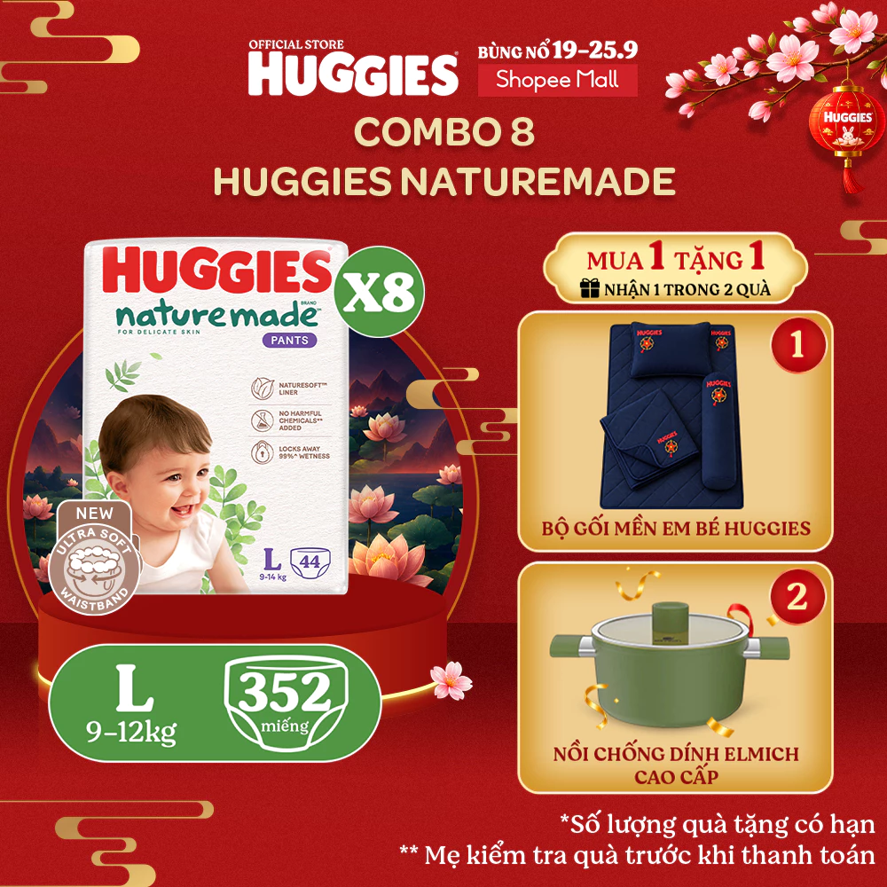 Combo 8 Tã Quần Huggies Platinum Nature Made M58/L44/XL38/XXL26
