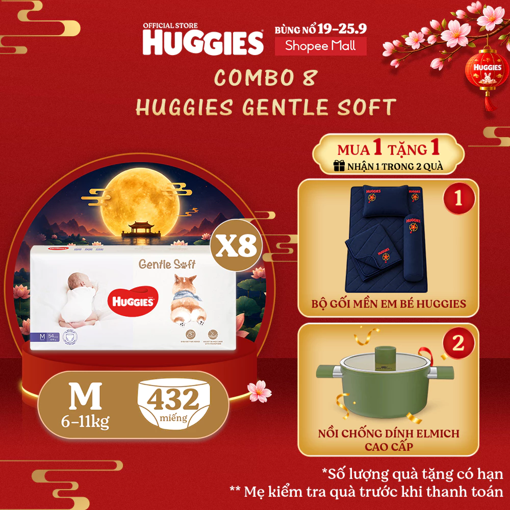 Combo 8 Tã quần Huggies Gentle Soft - Corgi M54/L40/XL34/XXL22 miếng êm mềm chiết xuất bơ hạt mỡ
