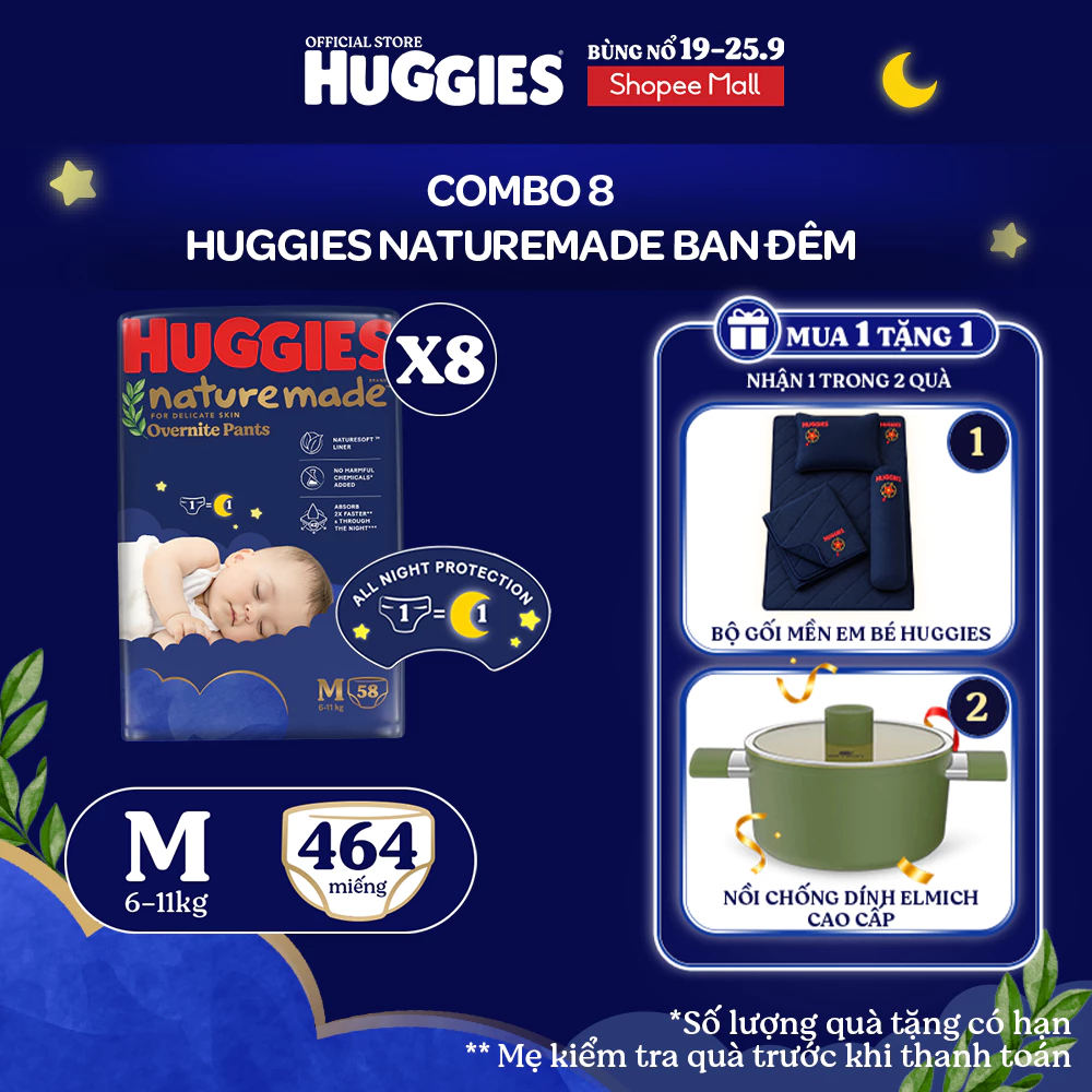Combo 8 Tã quần Huggies Naturemade ban đêm M58/L44/XL38/XXL26