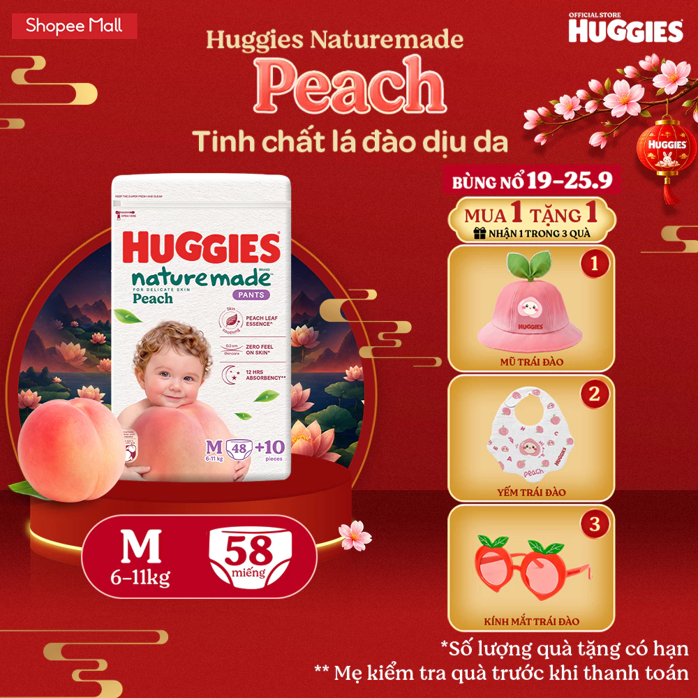 Tã quần Huggies Naturemade Peach M48+10/ L44/ XL38/ XXL26